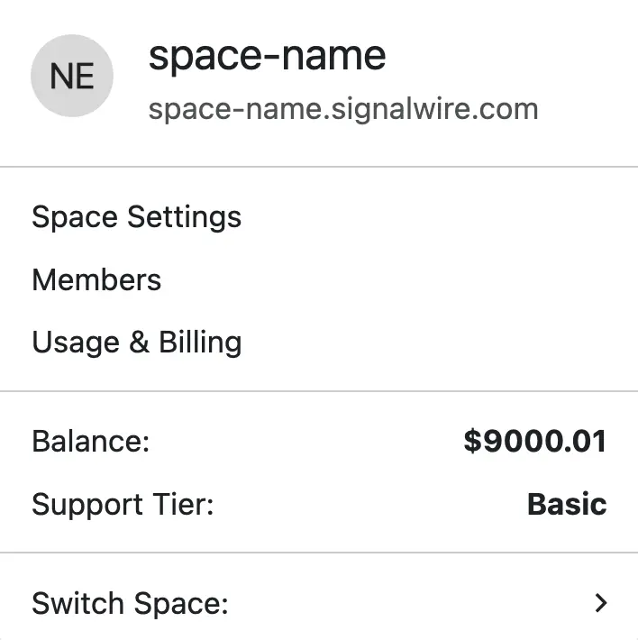 The SignalWire Space menu.